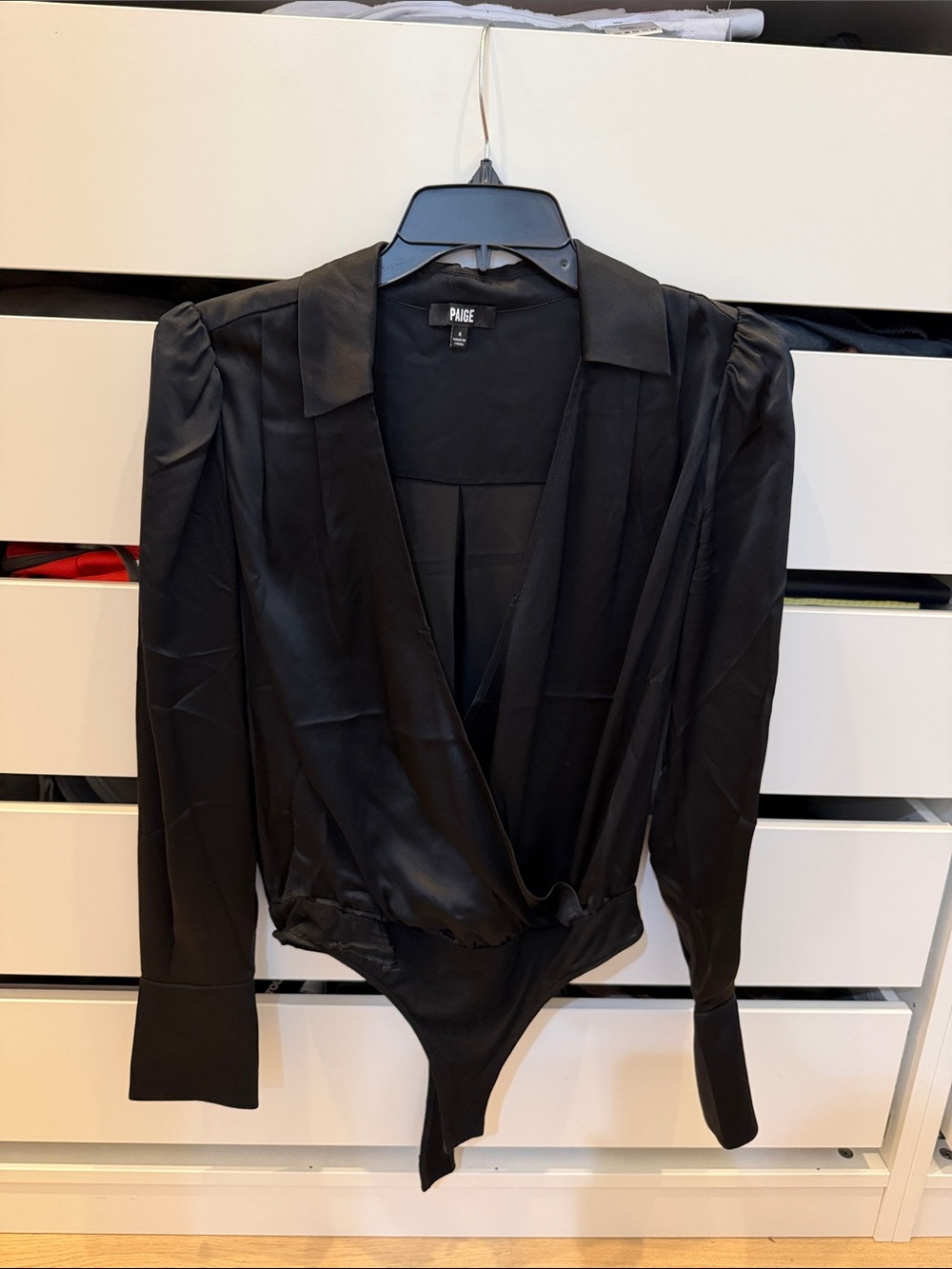 PAIGE Black Satin Long-Sleeve Blouse Bodysuit
